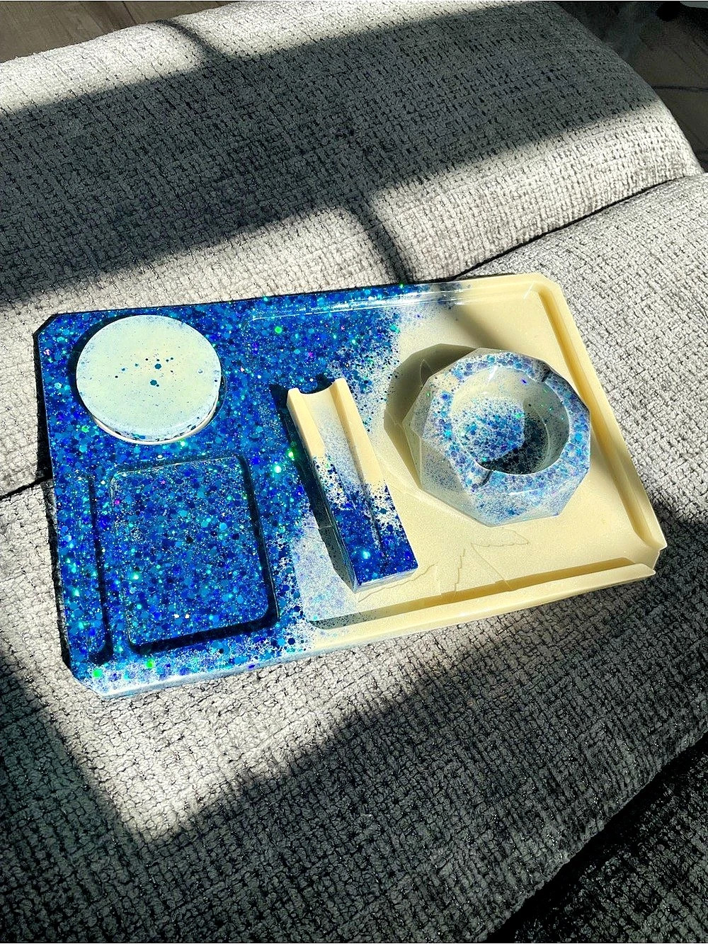 Blue & Cream Glitter Decor Tray Set